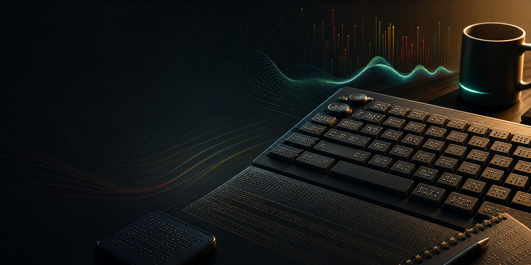 Abstract accessible technology workspace with tactile keys, audio waveforms, and code-inspired lighting.